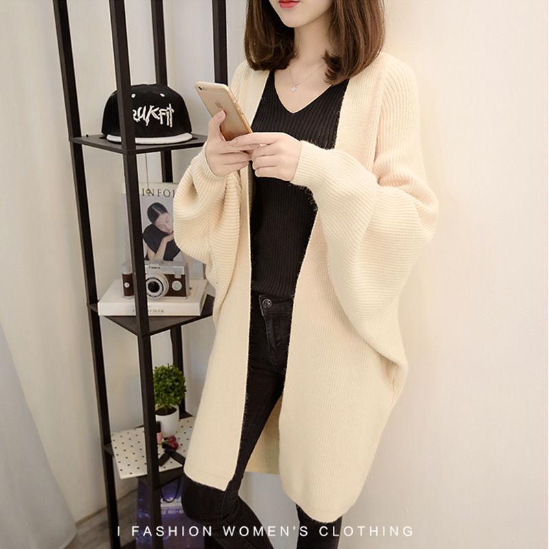 Simple Solid Color Mid-length Knitted Cardigan Jacket Spring and Autumn Women's Loose Bat Shirt with V-neck Top