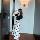 Classic French Suit Women's White Polka Dot Dress Square Collar Black Short-sleeved Top Big Swing A-line Skirt Two-piece Set