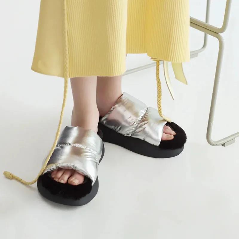 Ladies Thick-soled Cotton Slippers for Fall and Winter Warmth Down Flat Shoes Fluffy Casual Fashion