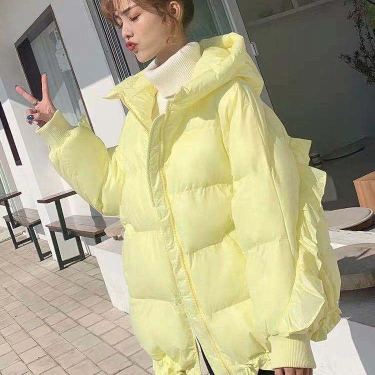 Winter Clothes New Personality Women's Down Jacket Candy Color Hooded Drawstring Ruffled Sleeves Fashionable White Duck Down Loose Coat