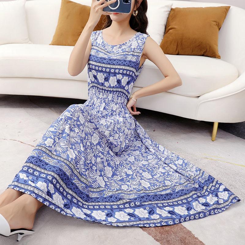 Women Ethnic Print Dress Summer Bohemia Round Neck  Sleeveless Cotton Silk Loose High Waist Vest Beach Skirt