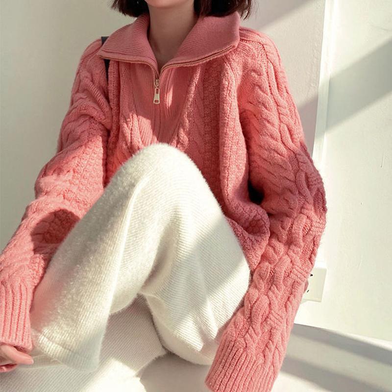 Retro Twist Zipper High Neck Pullover Sweater Women Loose Long-sleeved Lapel Cropped Top Autumn Winter