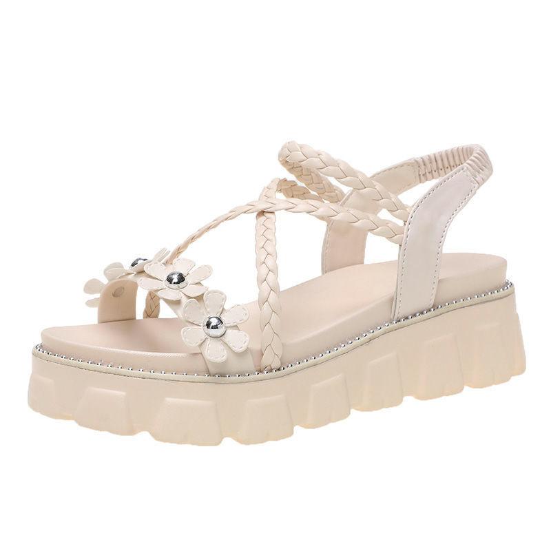 Muffin Thick Bottom Casual Sandals Summer Flowers Flat Heightened Roman Shoes Ladies Sweet Temperament Sandals A Pedal