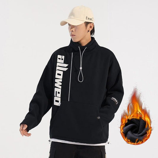 Youth Men Streetwear Fleece Hoodies Imitated Mink Wool Pullover Winter Big Pocket Sweatshirts Casual Turtleneck Tops