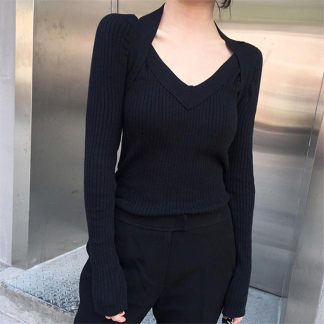 Autumn Slim V-neck Pullover Sweater Feminine Halter Neck Off-shoulder Knit Sweater Top Stretch Knitwear jumper