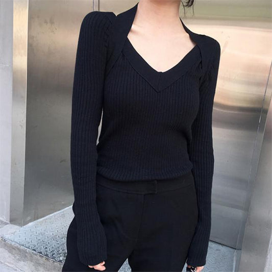 Autumn Slim V-neck Pullover Sweater Feminine Halter Neck Off-shoulder Knit Sweater Top Stretch Knitwear jumper