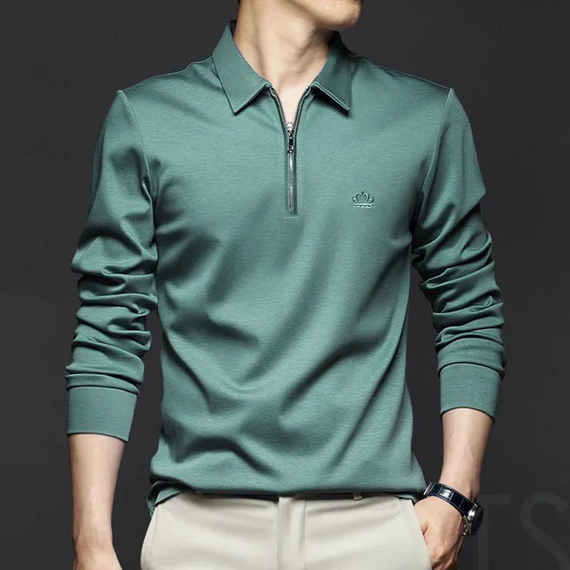 Spring Men's Cotton Zipper Polo Shirt Lapel Long Sleeve T-Shirt Men's Long Sleeves Solid Color Business Casual Top High Quality Shitt
