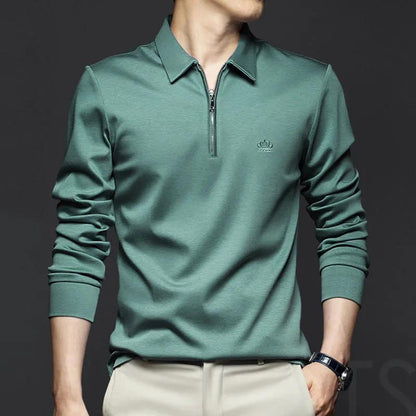 Spring Men's Cotton Zipper Polo Shirt Lapel Long Sleeve T-Shirt Men's Long Sleeves Solid Color Business Casual Top High Quality Shitt