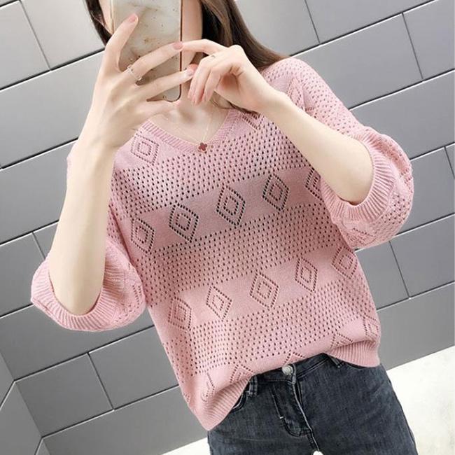 V-neck Hollow Knit Sweater Loose Breathable Long-sleeved Sweater Thin Bottoming Shirt