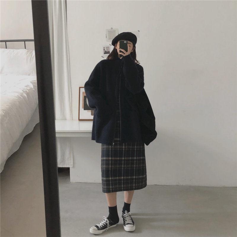 Autumn and Winter Students Loose and Versatile Lazy Knit Cardigan Zipper Jacket Sweater Women