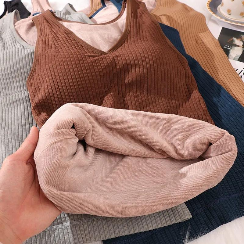 Velvet Women Vest Sexy Winter Clothing Thermal Underwear Warm Body Tops with Pad Sleeveless Slim V Neck Solid Inner Wear