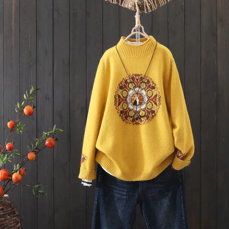 Women Knitted Sweaters Large Size Round Neck Loose Pullover Autumn Winter New Sweater Women's Bottoming Sweater Ethnic Style