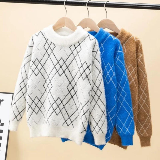 Boys Mink Fleece Sweater To Keep Warm Autumn and Winter Big Middle and Small Children's Fashion Thick Knitted Bottoming Shirt