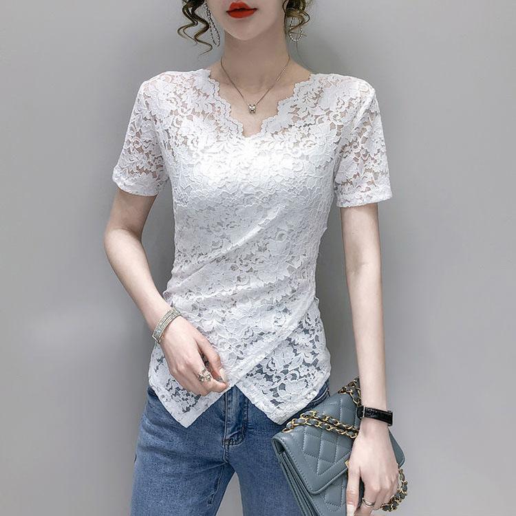 S-4XL Spring Summer Women's Tops Plus Size Solid Color Slim Lace Bottoming Shirts All-match V-neck Short-sleeved Shirts