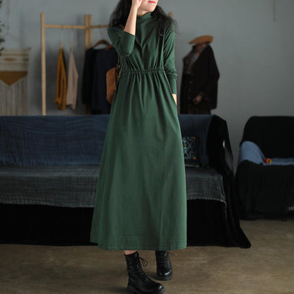 Cotton Lace-up Long-sleeved Dress Women's Autumn 2021 New Loose and Versatile Literary Retro Half-high Collar Mid-length Dress