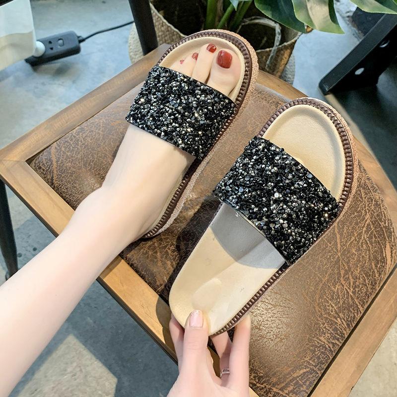 Slippers Women’s Summer Fashion Outer Wear Sponge Cake Thick Bottom Flip Flops Sequins Sandals Flat Sandals Beach Shoes