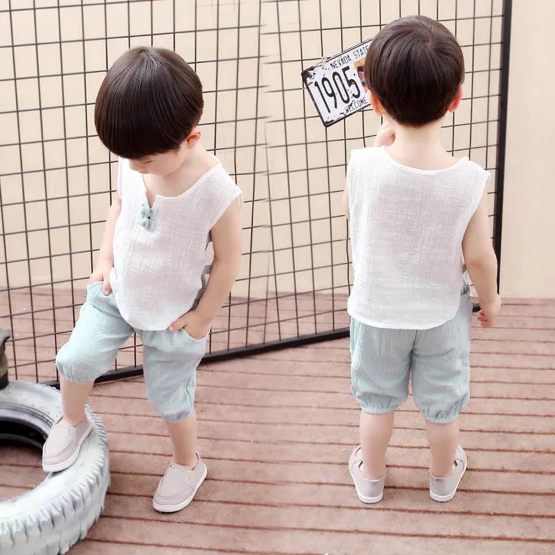 Boys and Girls Cotton and Linen Vest Suit Baby Summer Breathable Cool Two-piece Baby Comfortable Thin Loose Casual Clothes