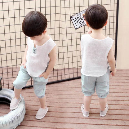 Boys and Girls Cotton and Linen Vest Suit Baby Summer Breathable Cool Two-piece Baby Comfortable Thin Loose Casual Clothes