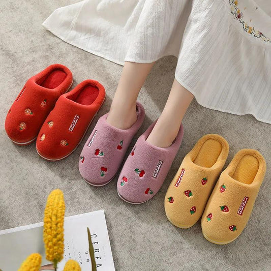 Women's House Slippers Slip-On Anti-Skid Cartoon Fruit Indoor Casual Shoes Snow Slipper Couple Winter