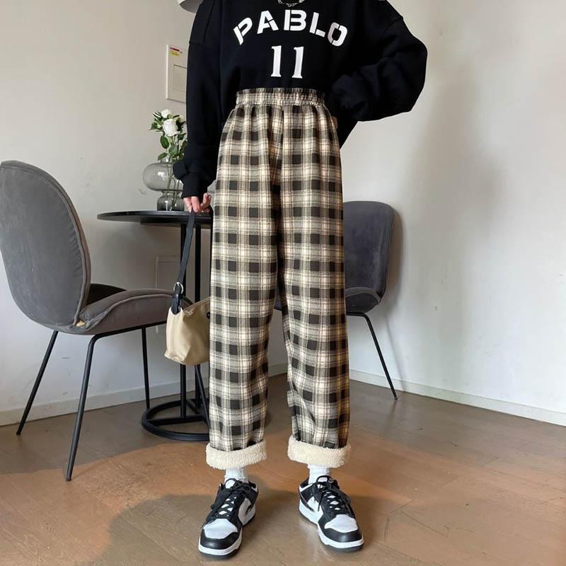 Lamb Velvet Plaid Pants Women Winter Plus Velvet Thick Thin Thin Wild Trend Loose High Waist Casual Wide Leg Trousers