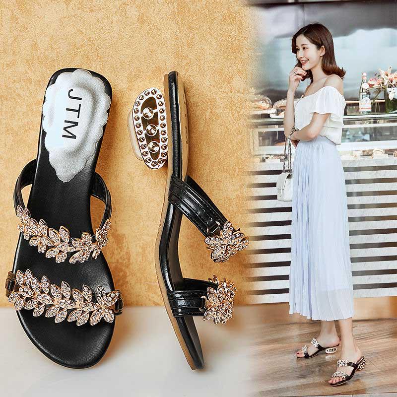 Size 34-41 Summer Women Outdoor Flat Bohemian Beach Flip Flops Wear-resistant Non-slip Office Lady Waterproof Diamond Sandals