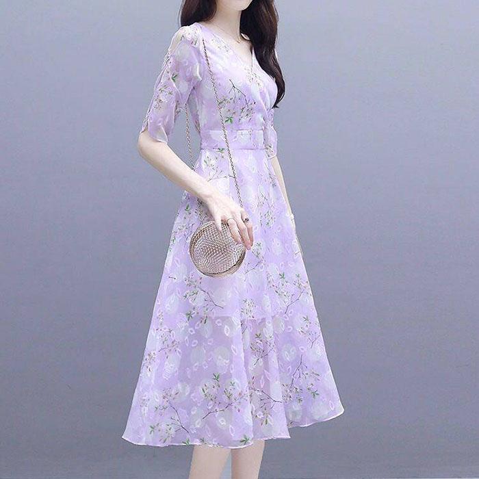 Pofulove S-3XL Women Summer High-end Floral Chiffon Dress Short-sleeved V-neck A-line Evening Dress
