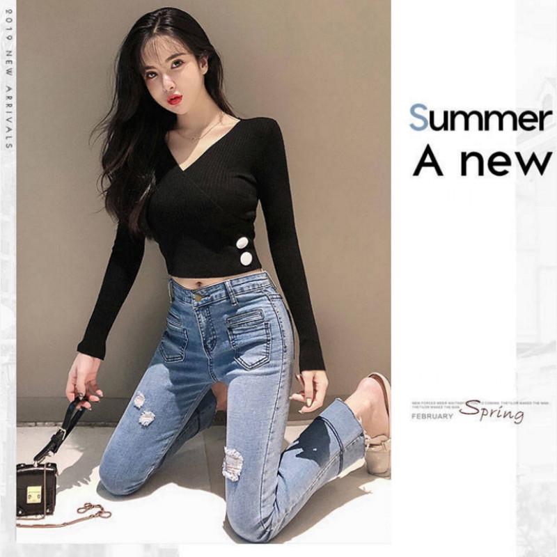 Autumn Hong Kong Flavor Long Sleeve Short Base Slim Fit V-neck Short-sleeved Knitted Sweater Tops