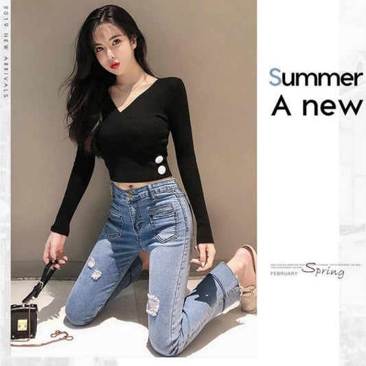 Autumn Hong Kong Flavor Long Sleeve Short Base Slim Fit V-neck Short-sleeved Knitted Sweater Tops