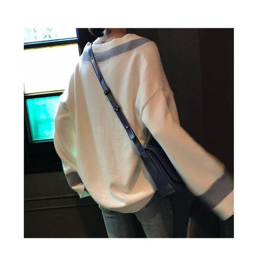 Winter Sweater Female Stripe V-neck Sweater Loose Lazy Wind Sweater College Wind Bottoming Shirt