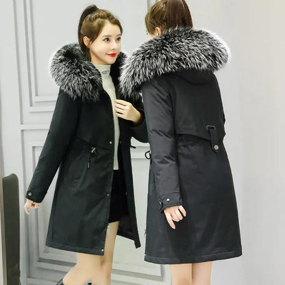 Winter Women's Cotton Jacket Jacket Mid-length Large Fur Collar Plus Down Jacket Thickening Plus Velvet Jacket