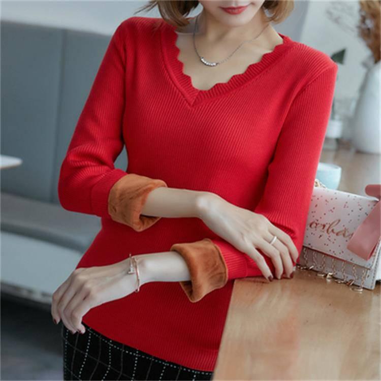 Pofulove Autumn Winter Plus Velvet Sweaters Women V-neck Hedging Thick Low-neck Knitted Bottom Shirt
