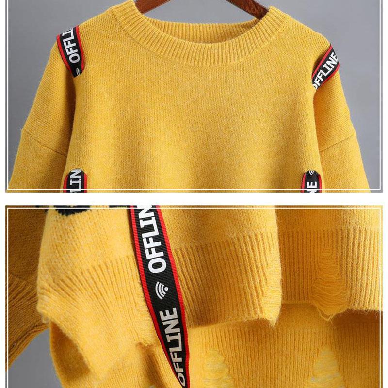 Personalized Round Neck Sweater Women Loose Letter Printing Irregular Split Hem Pullover Sweater Outer Wear