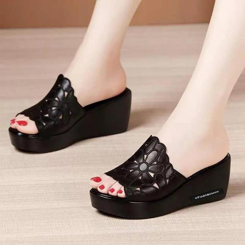 Wedge Heel Slippers Women's Sponge Cake Thick Bottom Fish Mouth Flip Flops Soft Bottom Black Hollowed Out Sandals and Slippers