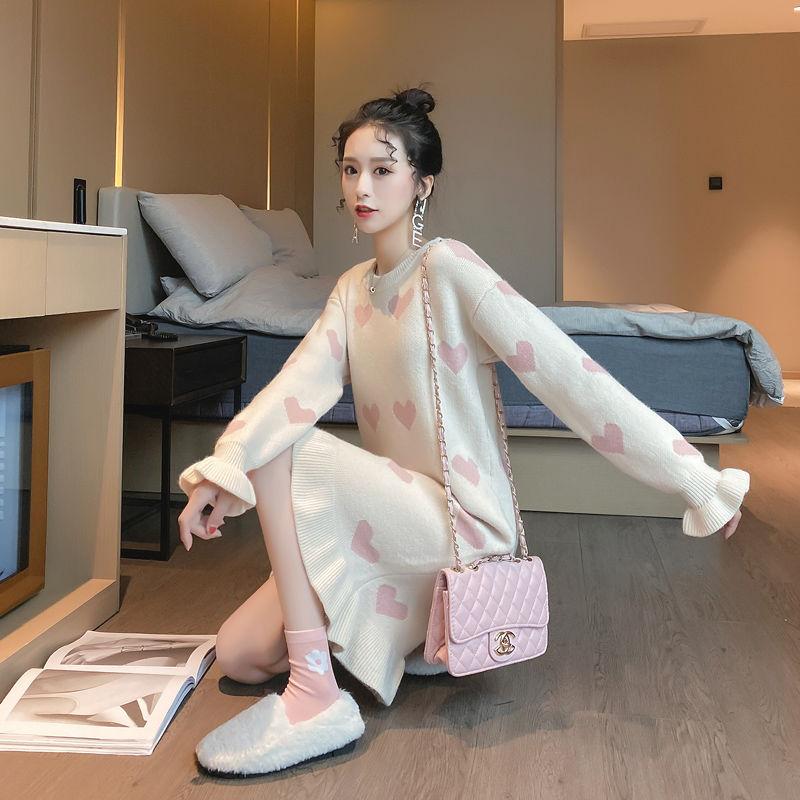Autumn and Winter Loose Knit Dress Sweet Style Thick Mid-length Base Skirt Fashion Casual Women Sweater Dress
