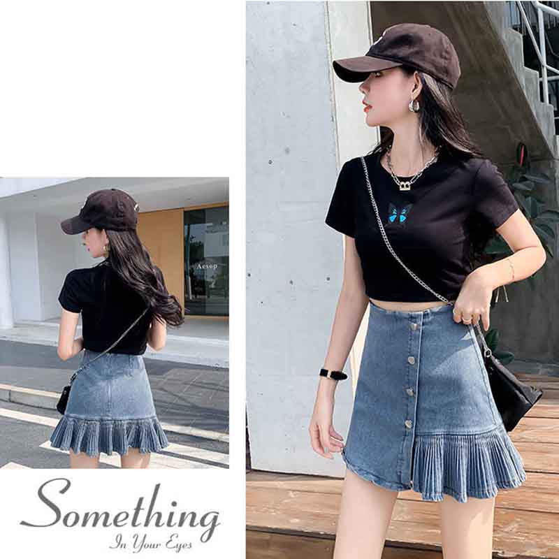 Denim Skirt Women's High Waist Pleated Summer Irregular Fashion All-match Hip Skirt