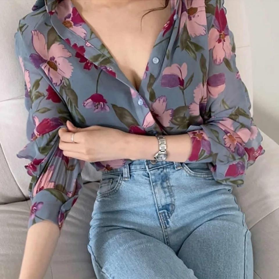 Floral Thin Chiffon Shirt Women Niche Western-style Tops Long Sleeve Shirts Cardigans Jacket Sunscreen Clothing All-match Blouse