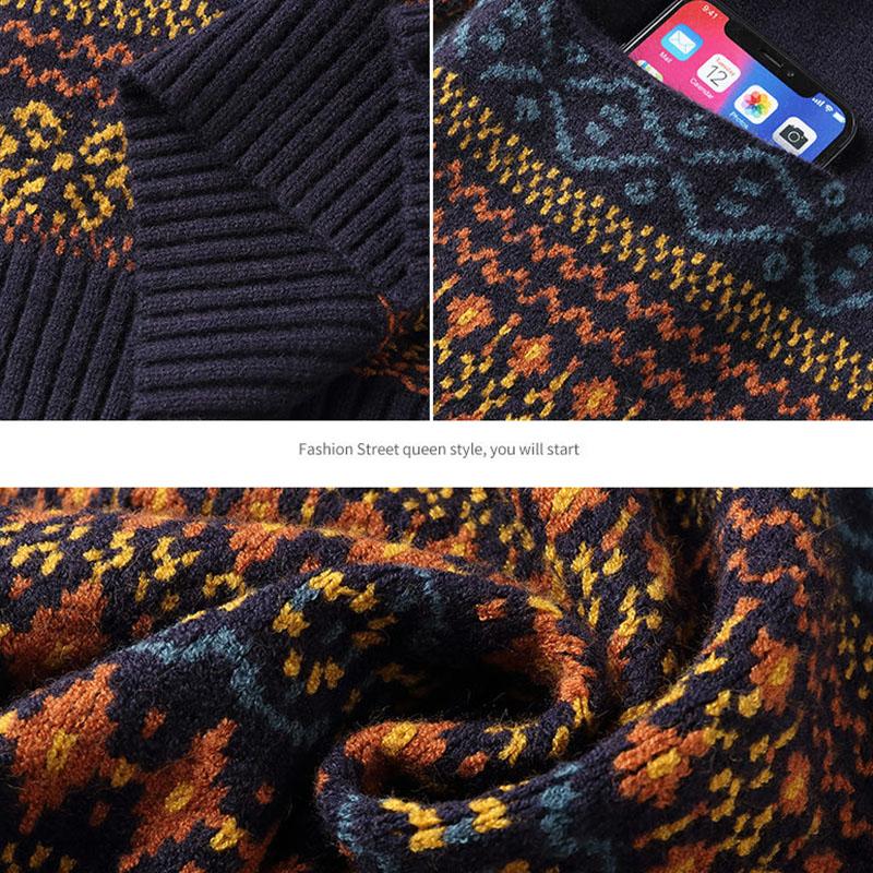 Women's Retro Rhombus Printed Sweater Long Jacquard Knitted Dress Pullover Sweater Dress with Pockets for Bottoming or Outer Wear