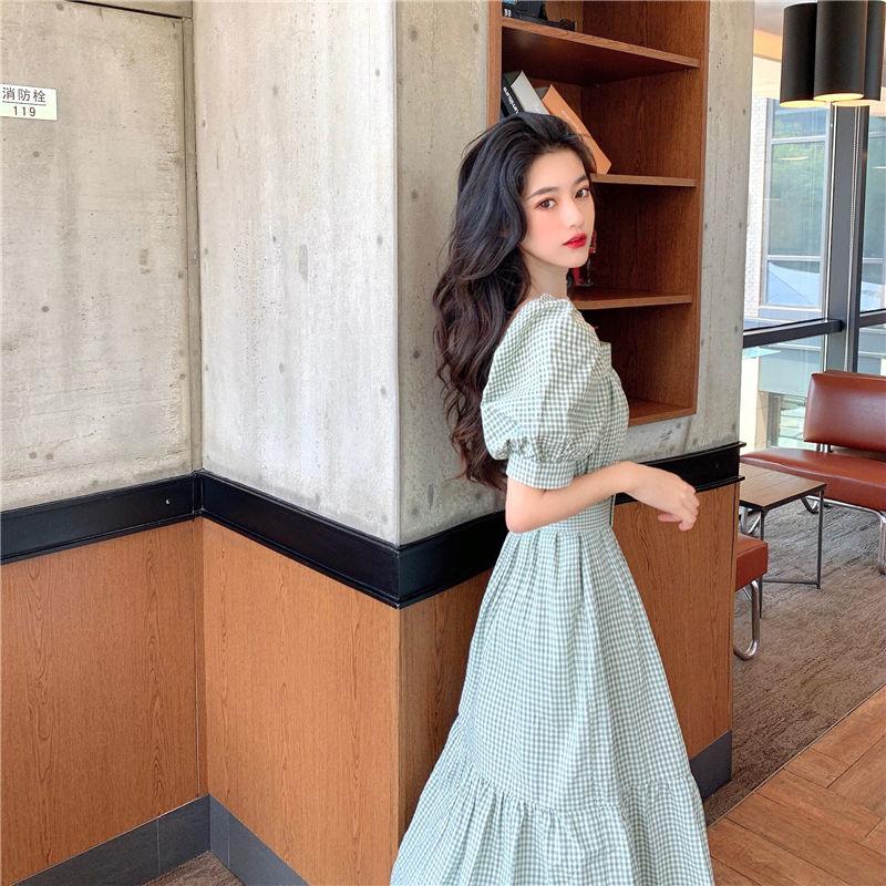 Women's French Retro Style Orange Dress with Puff Sleeves Square Collar Waist Waist Slim Dress