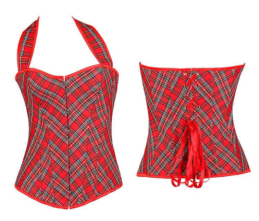Halter Strap Red Plaid Corset Bodysuit Studded Overbust Brown Corset Bustier with Chains Waist