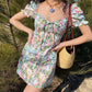 Female Summer Print Drawstring Square Neck Elegant Bubble Sleeve Short Vintage Holiday Dress