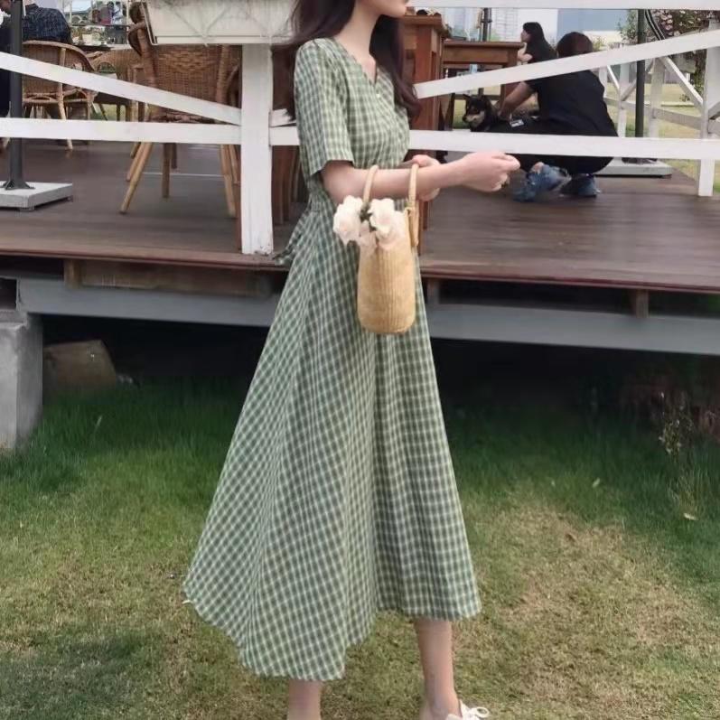 Dress Women Plaid V-neck long Sleeve Loose Fashion Leisure Sweet Korean Style Backless Lace-up Chic Student Ulzzang All-match
