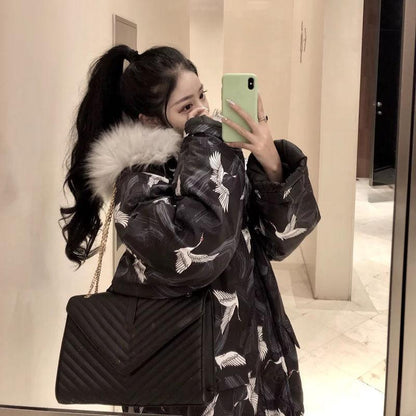 Women's Cotton-padded Jacket Winter Loose Wild Thin Thick Crane Cotton-padded Jacket Padded Jacket Fluffy Fur Collar Hooded Down Jacket Padded Jacket