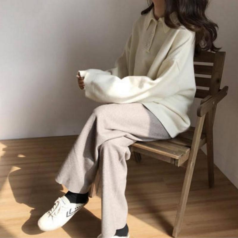 Pofulove mid-length Korean version of the lazy wind sweater loose solid color stand collar sweater jacket female students