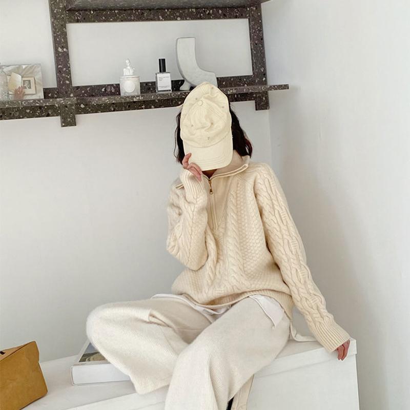 Retro Twist Zipper High Neck Pullover Sweater Women Loose Long-sleeved Lapel Cropped Top Autumn Winter