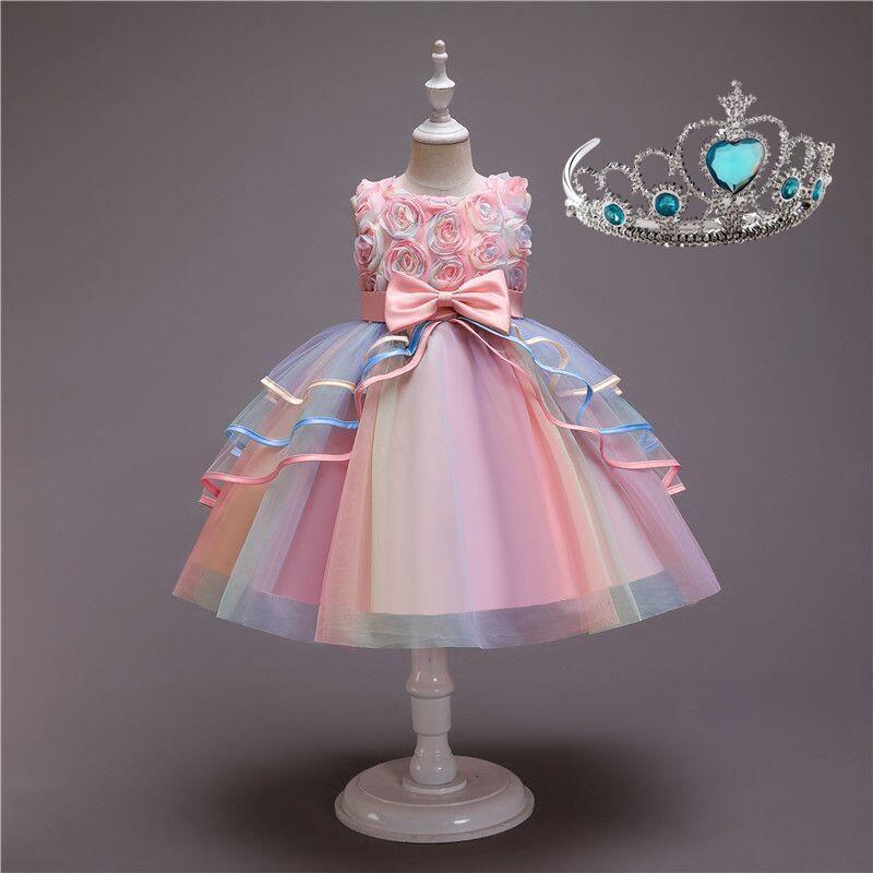 Kids Unicorn Dress for Girls Flower Appliques Gown Little Girl Sleeveless Princess Dresses Elegant Party Costumes Children Clothing