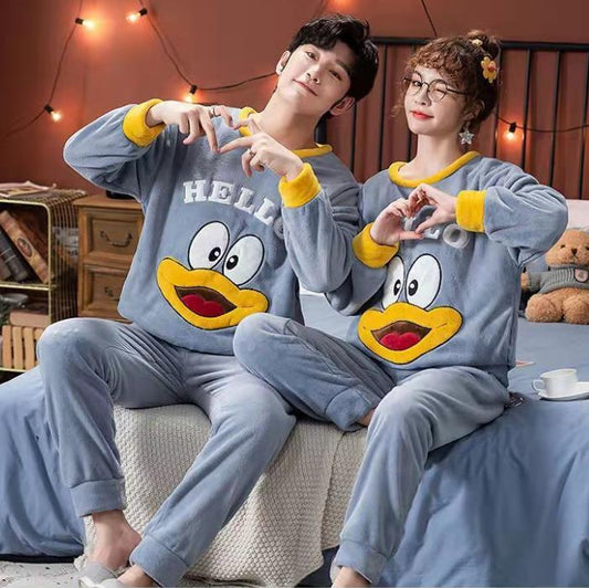 HELLO Duck Couple Pajamas Set Ladies Home Clothes Men Winter Cashmere Warm Homewear Tops and Pants