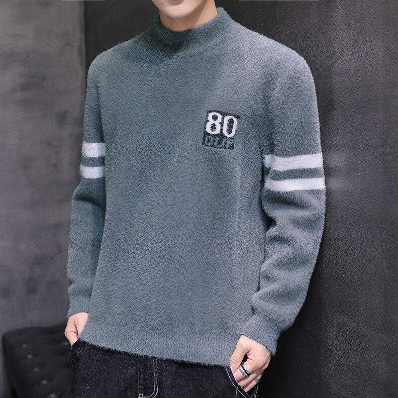 Mens Sweater Autumn and Winter Men's Casual Warm Imitation Mink Sweater Trend Fashion Long-sleeved Slim Knit Sweater