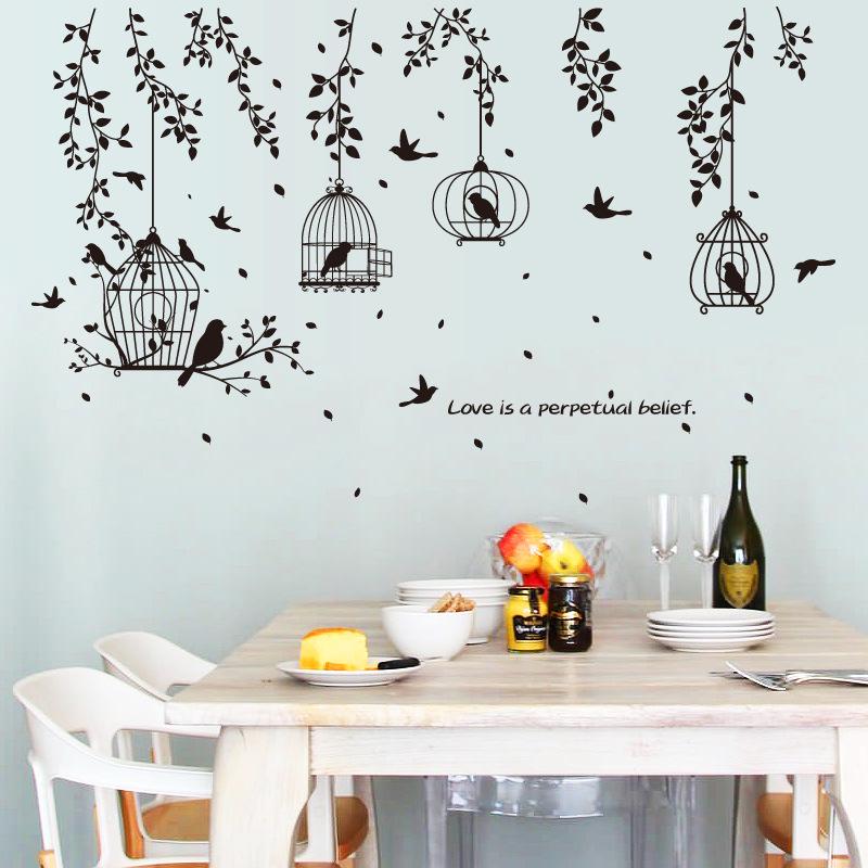 Black bird cage leaf silhouette sofa porch restaurant bedside corner TV decorative wall sticker