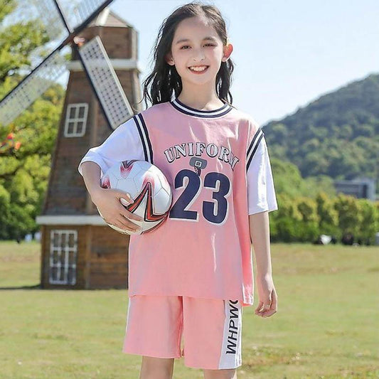 Girls Cotton Printing Comfortable Sweat-absorbing Sports Suit Basketball Suit Summer Children's Short-sleeved Shorts Breathable Clothes Two-piece Set
