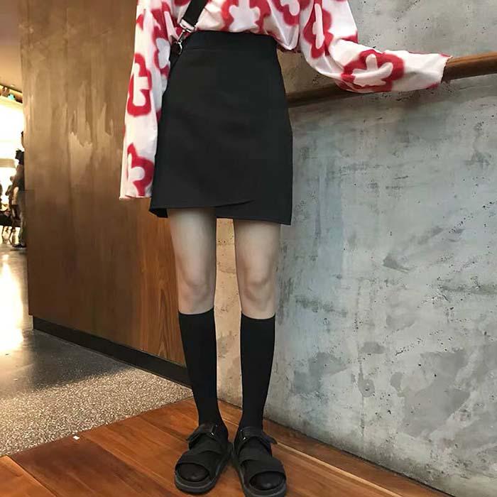 XS-2XL Pofulove Black Anti-light Skirt Student Irregular High Waist Thin Sexy A-line Split Skirts